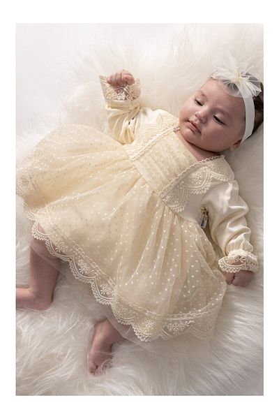 Serackids Tulle Lace Newborn 100% Cotton Combed Baby Girl Mevlüt Special Day Dress Bandana Set