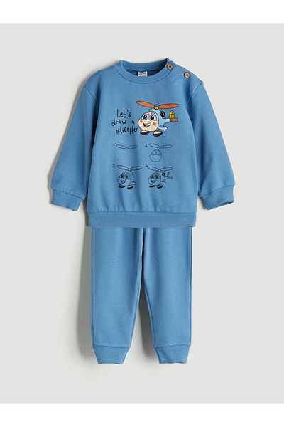 LC Waikiki Lcw Eco Blue Printed Baby Boy Sweatshirt and Sweatpants Bottom 2 Pcs