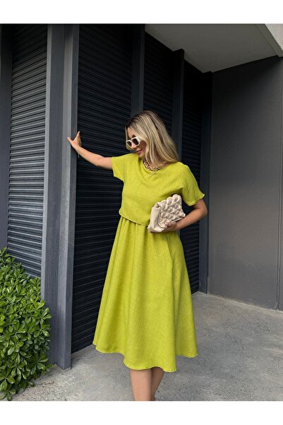 Butik Aura Mou Yağ Yeşili Bluz Etek Görünümlü Keten Elbise