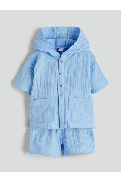 LC Waikiki Lcw Baby Blue Hooded Baby Boy Shirt and Shorts 2 Pcs