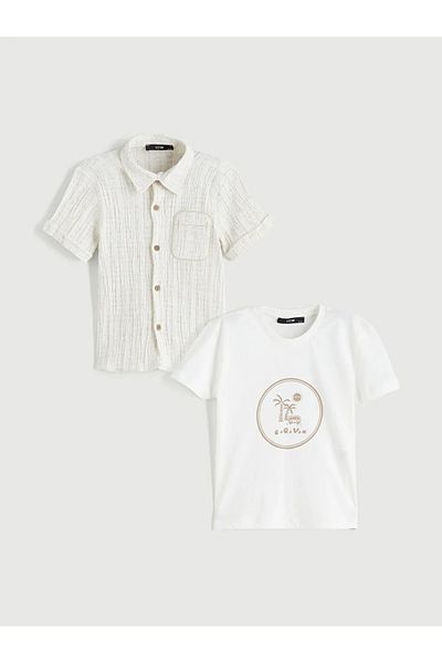 LC Waikiki Lcw Kids Beige Printed Boys' Shirt and T-Shirt 2-Piece