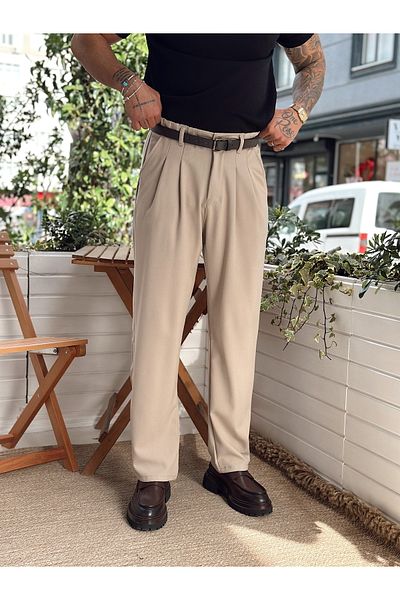 manch collection Pleated Baggy Fabric Trousers Cream