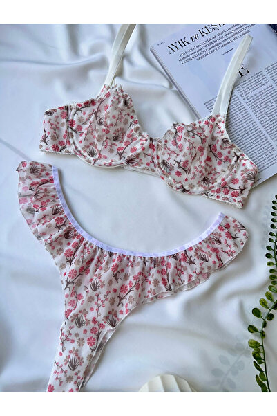 Rodeo Underwear Çiçekli Soft Tül Sütyen Takımı Ekru İç Çamaşırı Takımı