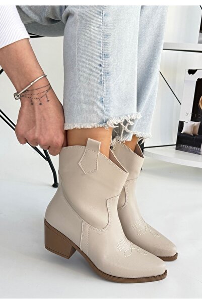 yesıl sarmasık 35 Akver Beige Leather Heeled Boots
