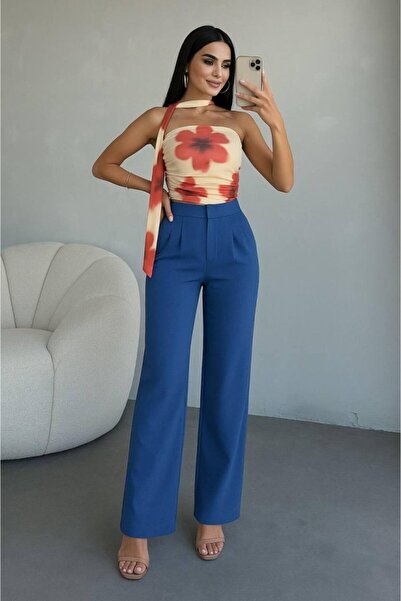 soonaksesuar Women's High Waist Pleat Detail Wide Leg Trousers