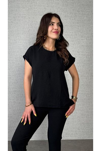 civetta Women's Short Sleeve Round Neck Aerobin Blouse and Trousers Double Suit