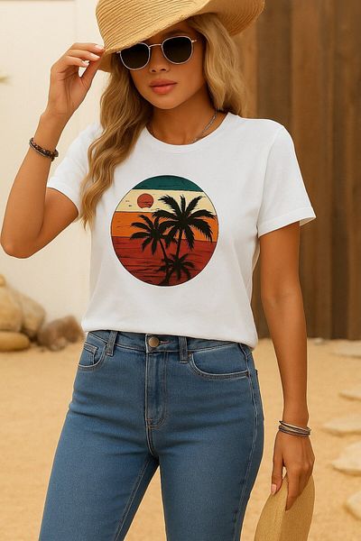 JANES Women's Short Sleeve Palm Printed Viscose T-Shirt