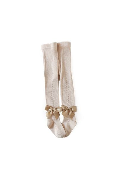 Mixbo Long Tights for Girls with Bow Details and Pattern, Cotton, 0-1 Year, Beige
