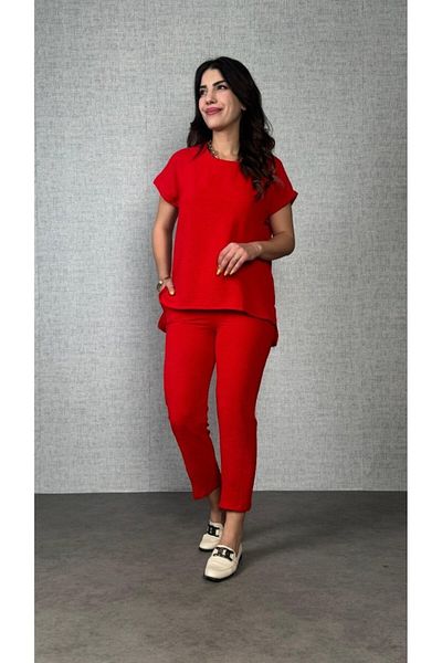 civetta Women's Short Sleeve Round Neck Aerobin Blouse and Trousers Double Suit