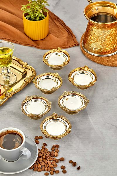 Turkco Rose Series Turkish Delight Bowl, Sugar Bowl, Ring Holder, Premium Metal, Silver Gold, 6 Pieces