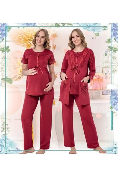 RAHAF TİCARET Burgundy Color Pregnant and Postpartum 3 Piece Pajama Set
