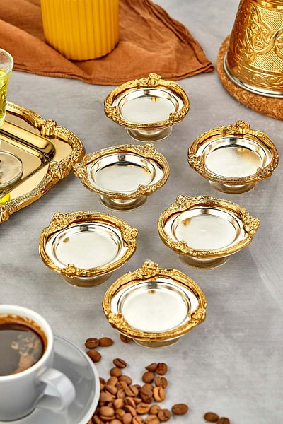 Turkco Rose Series Turkish Delight Bowl, Sugar Bowl, Ring Holder, Premium Metal, Silver Gold, 6 Pieces