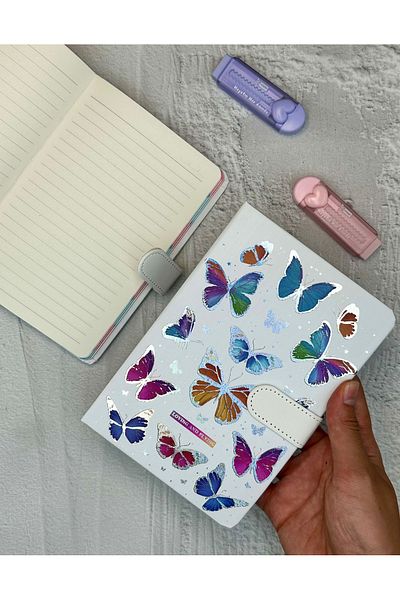 ZeCo Collection Butterfly Patterned Striped Hard Cover Magnet Notebook White