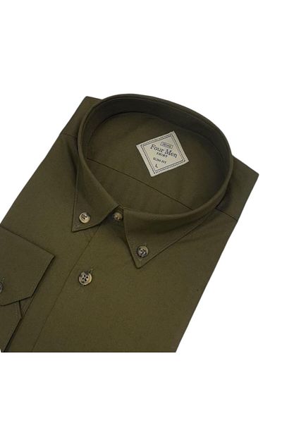EREN STYLE Linen Linen Classic 100% Cotton Long Sleeve Slim-Fit Anti-Sweat Single Pocket Covered Khaki Shirt (Regul