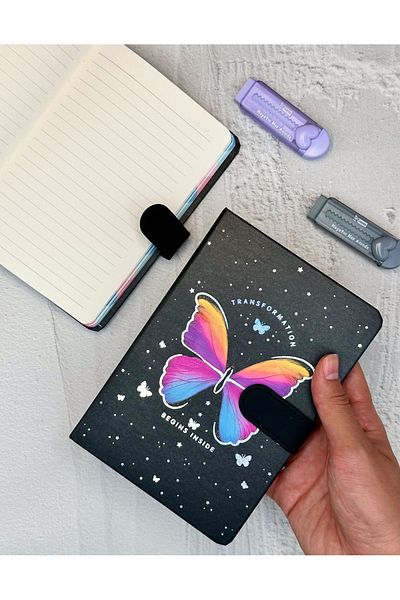 ZeCo Collection Butterfly Patterned Striped Hard Cover Magnet Notebook Black