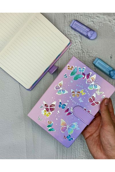 ZeCo Collection Butterfly Patterned Striped Hard Cover Magnet Notebook Lilac