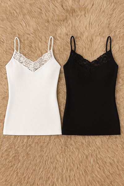 QKK Women's Modal Cotton Lycra Lace Detailed Rope Strap 2-Piece Undershirt Q6K6K0T5Ka