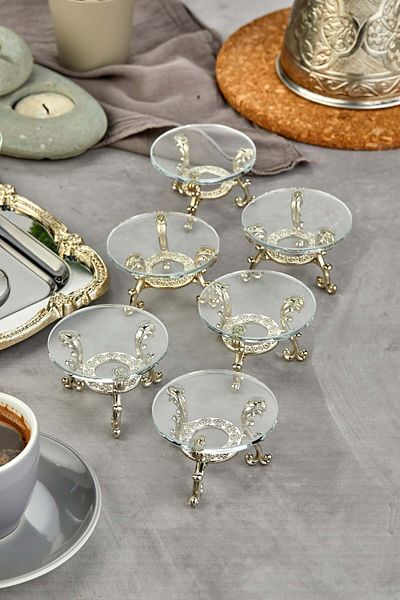 Turkco Glass Series Turkish Delight Bowl, Sugar Bowl, Ring Holder, Premium Metal Glass, Silver, 6 Pieces