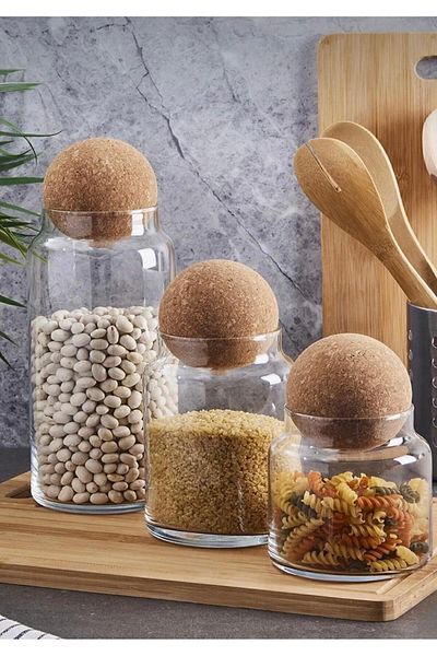 PİNK DESİGN KİTCHEN Sughero Top Cork Lid Glass Jar and Spice Set 3 Pieces