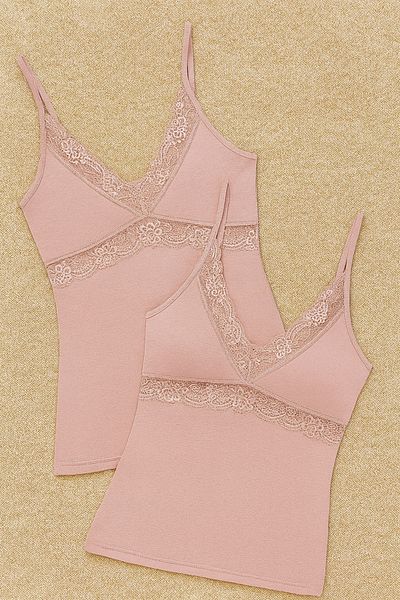 QKK Women's Modal Cotton Lycra Lace Detailed Strap 2-Piece Undershirt Q6K6K0T7Ka