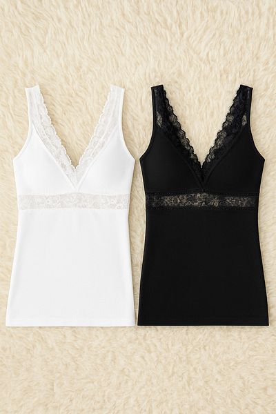 QKK Women's Modal Cotton Lycra Lace Detailed Strap 2-Piece Undershirt Q6K6K0T7Ka