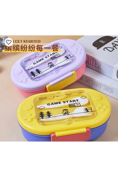 Generic Lunch box with a video game-inspired design, including a spoon and fork.