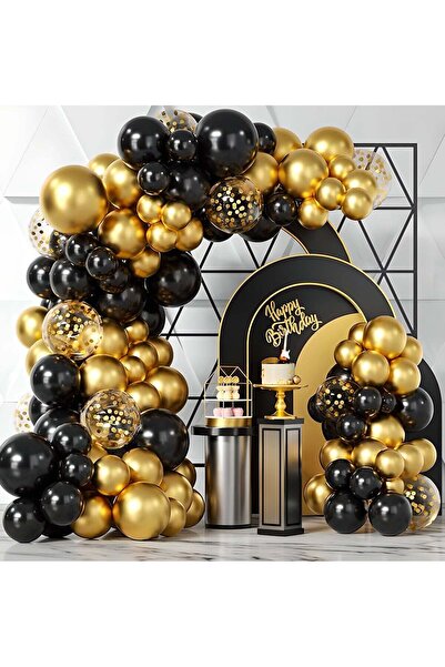LIXADA 107pcs Elegant Black & Golden Confetti Balloons - Mixed Metallic Latex...