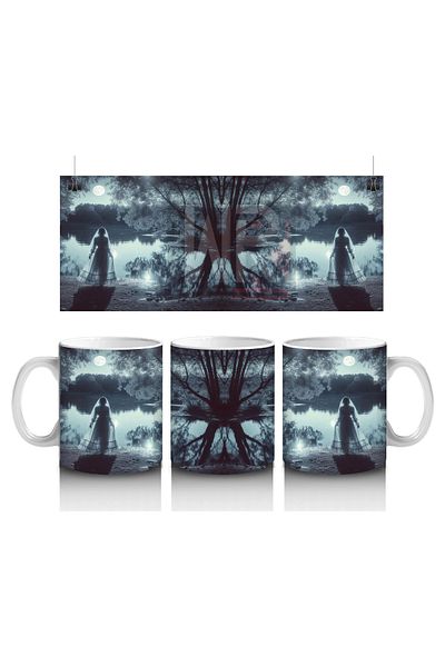 Luluyen Gothic Halloween Printed Mug with Black Cloaked Silhouette Figure in Foggy Cemetery