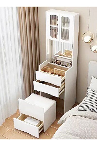 C&C Home Modern Vanity Desk with Flip Top Mirror and LED Adjustable Lights - White