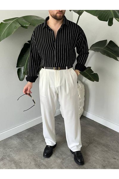Brood Men's Oversize Stripe Pattern Modal Fabric Cotton Loose Long Sleeve Button Polo Collar Shirt