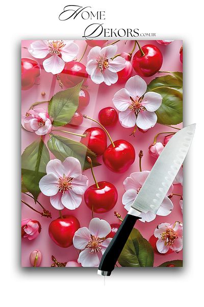 home dekors Glass Cutting Board Chopping Board Presentation Board Cherries and Flowers Dowry Gift 35X25 cm