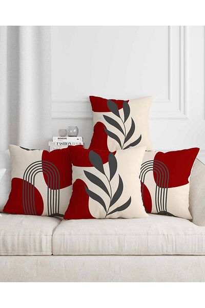Hayal Dekoratif Bohemian Boho Themed Red Gray Cream Color Digital Printed Gift Set of 4 Throw Pillow Pillowcases