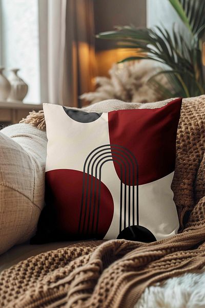 Hayal Dekoratif Bohemian Boho Themed Red Gray Cream Color Digital Printed Gift Set of 2 Throw Pillow Cases