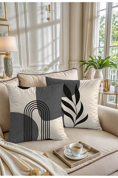 Hayal Dekoratif Bohemian Boho Themed Gray Cream Color Digital Printed Gift Set of 2 Throw Pillow Pillowcases
