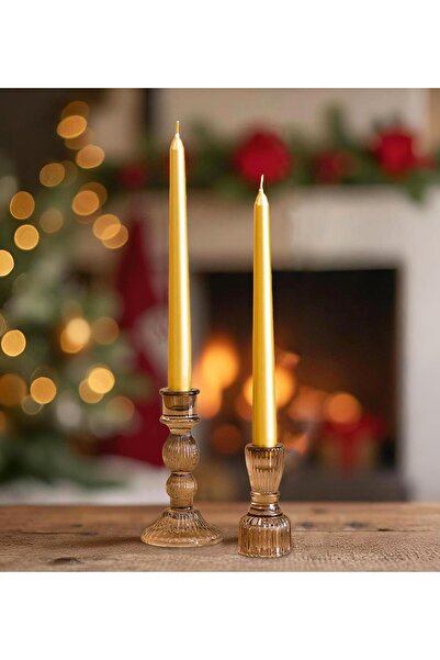 Gift Moda 2'li Premium Metalik Gold Şamdan Mumu 25 Cm - Yılbaşı Mumu