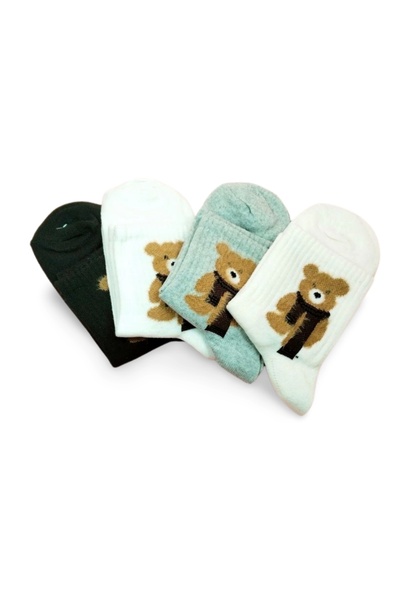 PRATİKOBA Plush Teddy Bear Embroidered Women's Socket Socks 4 Pairs