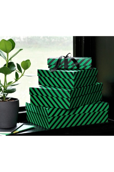OEM Storage boxes with lids made of carton, green with black stripes, set of 4, dimensions 34.5 x 24.5 x