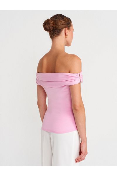 Dilvin 10797 Bardot Collar Metal Detailed Knitwear Blouse-Pink