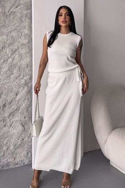 VAGGON Crew Neck Sleeveless Blouse and Skirt Look Pants Knitwear Set