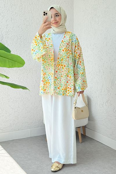 Salih Çelebi Kimono cu model petunie cu curea 2375 - VERDE
