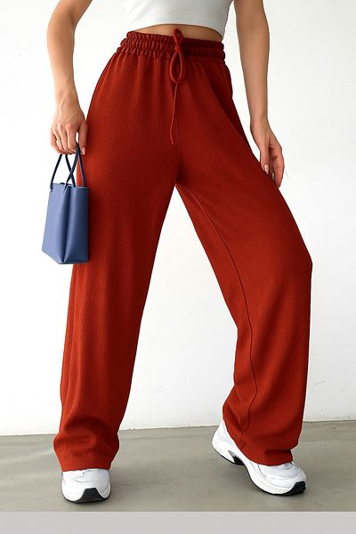 trendalisse Women's Brick Color Elastic Waist Pocket Wide Leg Seasonal Trousers
