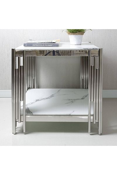 Vanity Living طاولة جانبية لأثاث غرفة المعيشة، طاولة جانبية ذات سطح زجاجي من الرخام الأبيض الصناعي، ناعمة