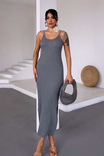 VAGGON Thin Thread Strap Back Low Cut Slit Midi Length Dress