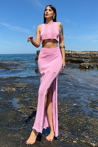 VAGGON Vintage Sleeveless Crop Blouse and Midi Length Skirt Set with Elastic Waist
