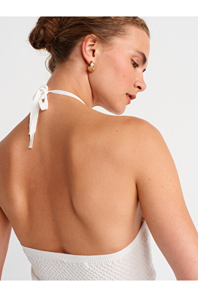 Dilvin 10796 Halter Tie Collar Ruffle Textured Knitwear Blouse-Ecru