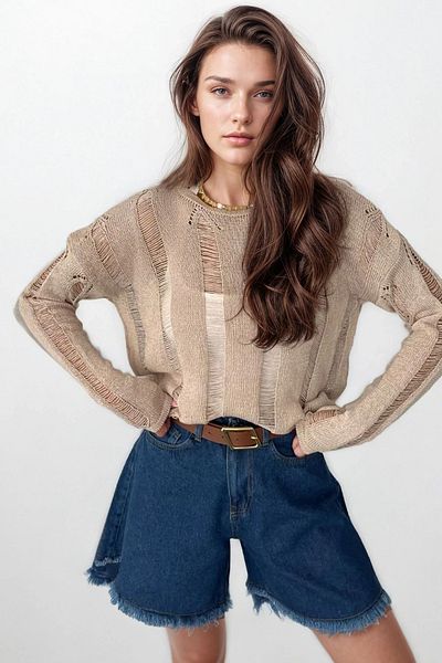 VAGGON Bicycle collar openwork knitted blouse