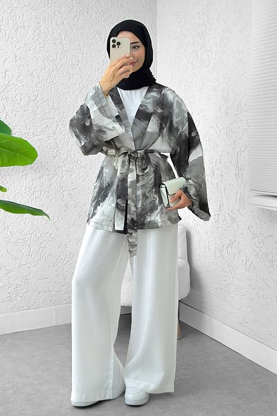 Salih Çelebi Mixed Pattern Belted Kimono 2375 - Black