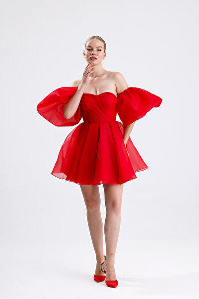 Tangül&Ali'S Moda Evi Kabarık Kırmızı Mini Elbise