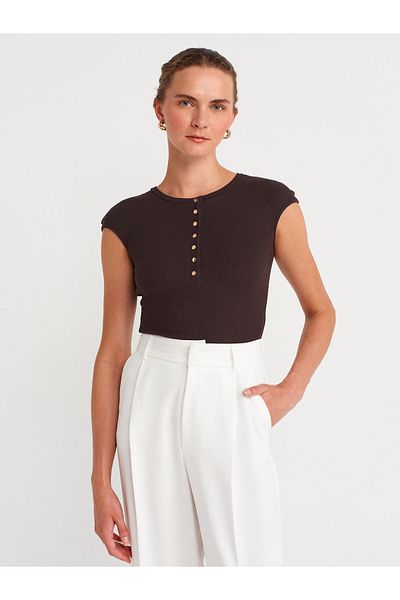 Dilvin 31887 Button Short Sleeve Top-Dark Brown
