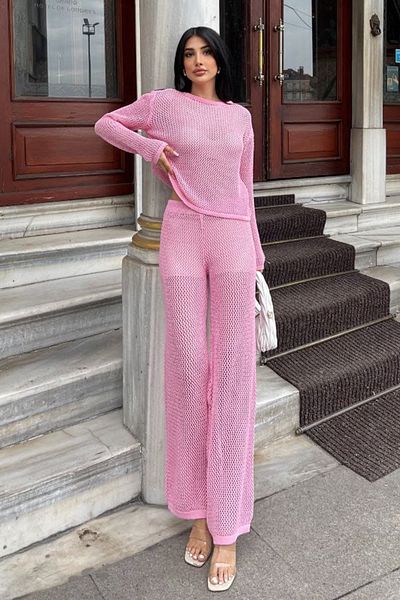 VAGGON Openwork Crew Neck Blouse and Elastic Waist Pants Set